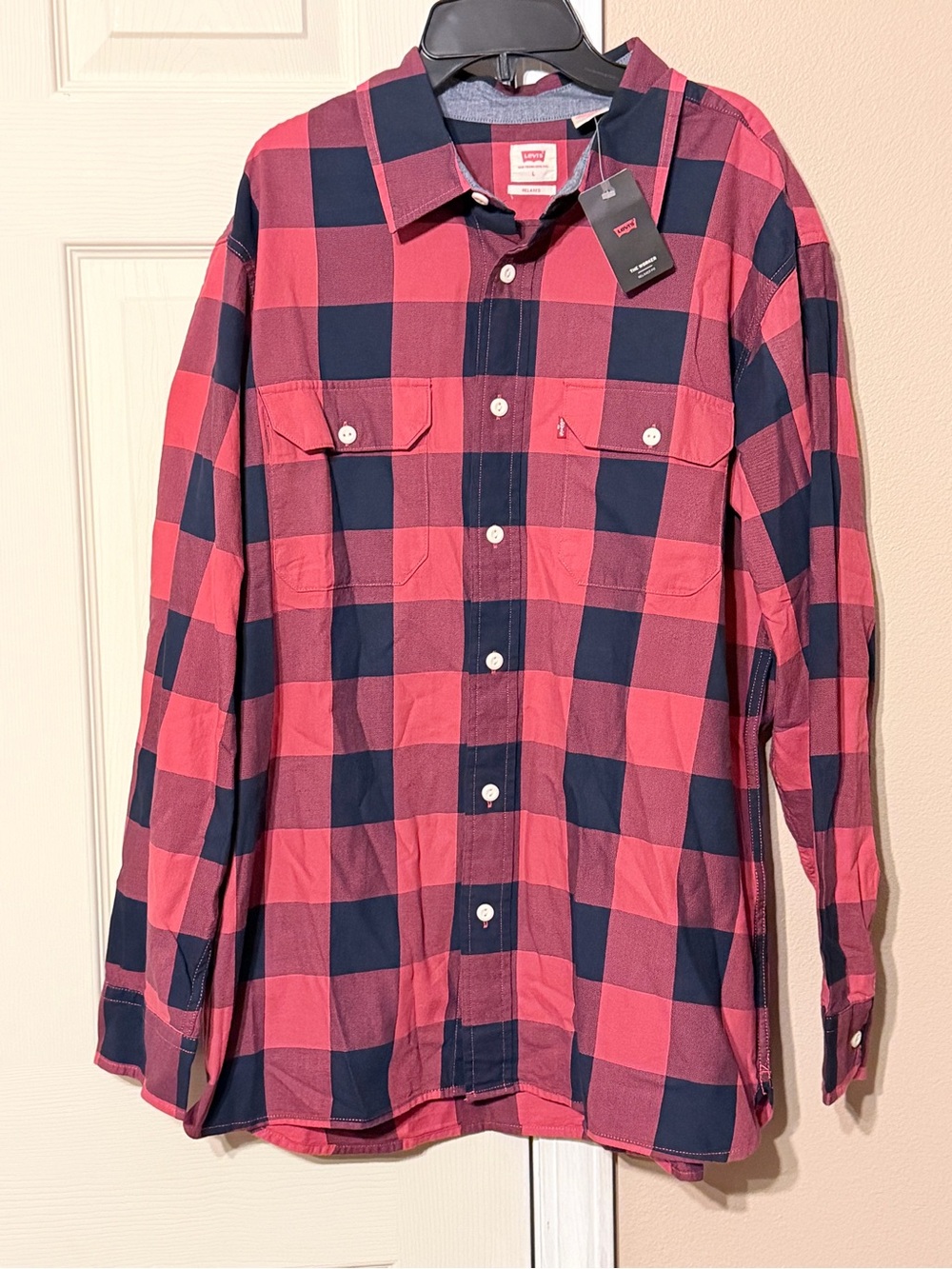 Levi's Men's Red and Navy Plaid Button-Up Shirt